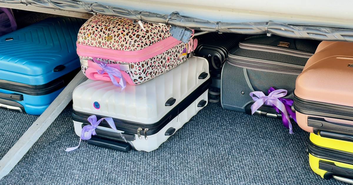 A close-up of numerous suitcases stored in the luggage compartment of a van or bus. Some have ribbons tied to the handles.