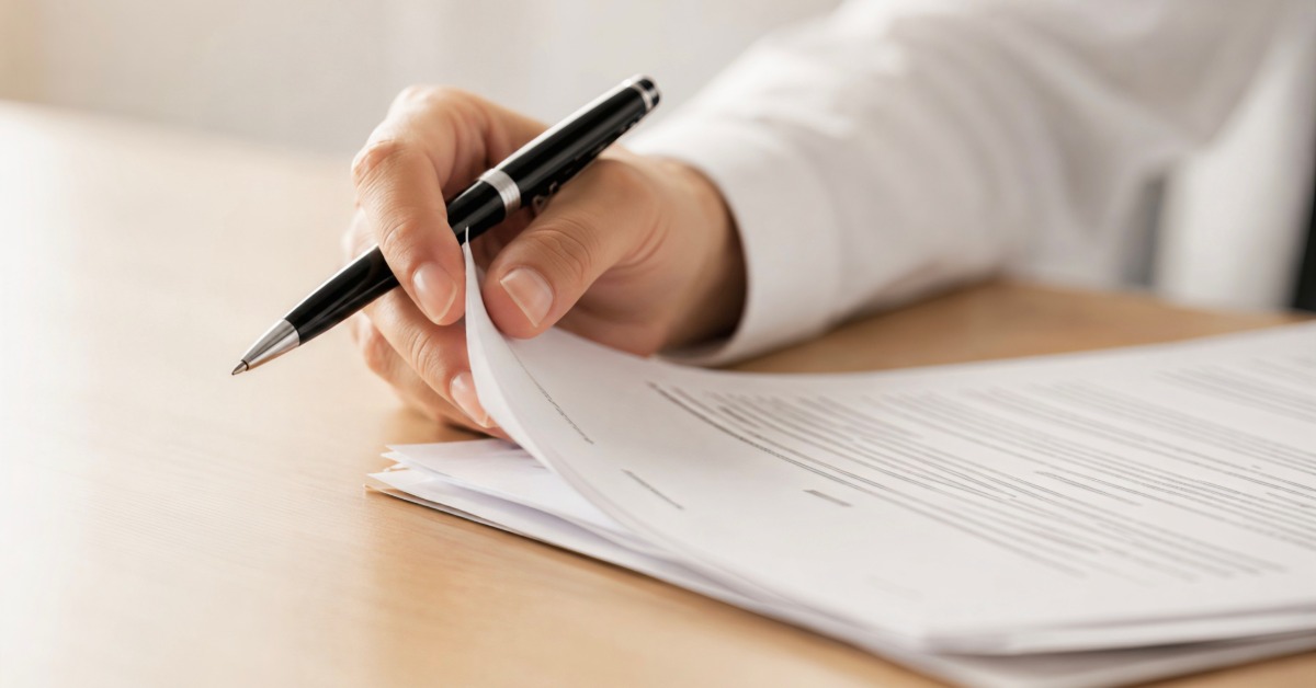 A close-up of a person holding a black pen while turning pages of printed documents stacked on a wooden desk.